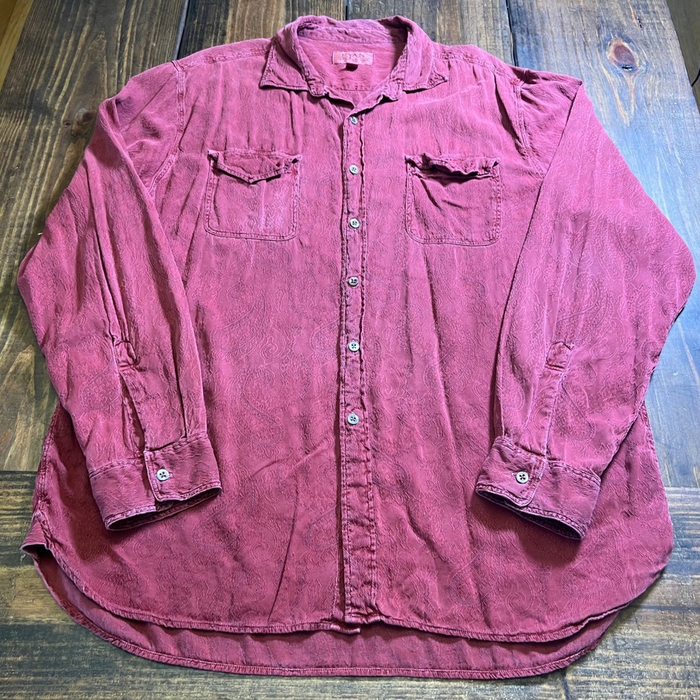 Ryan Michael Mens XL Silk Cotton Paisley Jacquard Western Shirt Burgundy Rose